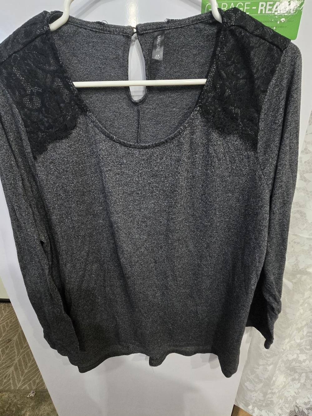 Massini Gray Long-Sleeve Knit Top with Lace Shoulder Detail